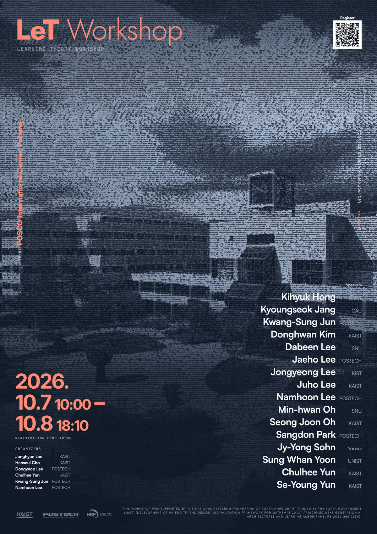 LeT Workshop A2 poster — the POSTECH campus drawn in learning-theory formulas — Dark